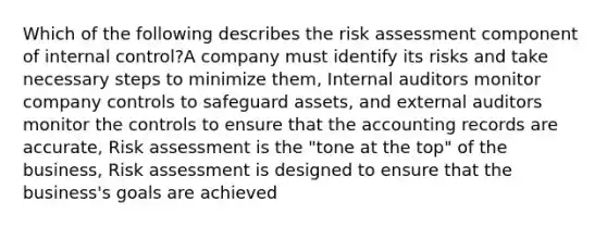 Which of the following describes the risk assessment component of internal control?A company must identify its risks and take necessary steps to minimize them, Internal auditors monitor company controls to safeguard assets, and external auditors monitor the controls to ensure that the accounting records are accurate, Risk assessment is the "tone at the top" of the business, Risk assessment is designed to ensure that the business's goals are achieved