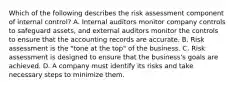 Which of the following describes the risk assessment component of internal​ control? A. Internal auditors monitor company controls to safeguard​ assets, and external auditors monitor the controls to ensure that the accounting records are accurate. B. Risk assessment is the​ "tone at the​ top" of the business. C. Risk assessment is designed to ensure that the​ business's goals are achieved. D. A company must identify its risks and take necessary steps to minimize them.