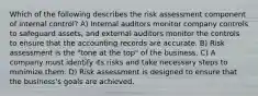 Which of the following describes the risk assessment component of internal control? A) Internal auditors monitor company controls to safeguard assets, and external auditors monitor the controls to ensure that the accounting records are accurate. B) Risk assessment is the "tone at the top" of the business. C) A company must identify its risks and take necessary steps to minimize them. D) Risk assessment is designed to ensure that the business's goals are achieved.