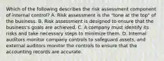 Which of the following describes the risk assessment component of internal control? A. Risk assessment is the "tone at the top" of the business. B. Risk assessment is designed to ensure that the business's goals are achieved. C. A company must identify its risks and take necessary steps to minimize them. D. Internal auditors monitor company controls to safeguard assets, and external auditors monitor the controls to ensure that the accounting records are accurate.