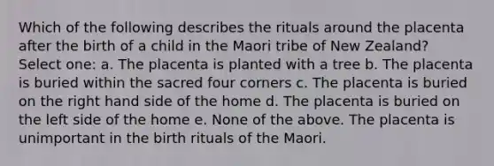 Which of the following describes the rituals around the placenta after the birth of a child in the Maori tribe of New Zealand? Select one: a. The placenta is planted with a tree b. The placenta is buried within the sacred four corners c. The placenta is buried on the right hand side of the home d. The placenta is buried on the left side of the home e. None of the above. The placenta is unimportant in the birth rituals of the Maori.