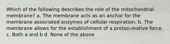 Which of the following describes the role of the mitochondrial membrane? a. The membrane acts as an anchor for the membrane associated enzymes of cellular respiration. b. The membrane allows for the establishment of a proton-motive force. c. Both a and b d. None of the above