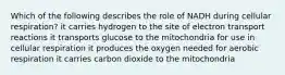 Which of the following describes the role of NADH during cellular respiration? it carries hydrogen to the site of electron transport reactions it transports glucose to the mitochondria for use in cellular respiration it produces the oxygen needed for aerobic respiration it carries carbon dioxide to the mitochondria