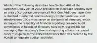 Which of the following describes how Section 404 of the Sarbanes-Oxley Act of 2002 provided for increased scrutiny over an area of corporate governance? Pick One Additional attention is directed to internal controls design, implementation, and effectiveness CEOs must serve on the board of directors, which increases the reliability of financial reporting because Audit committees of boards of directors were now responsible for managing the company's financial reporting efforts. Increased concern is given to the COSO framework that was created by the PCAOB to regulate auditor activities.