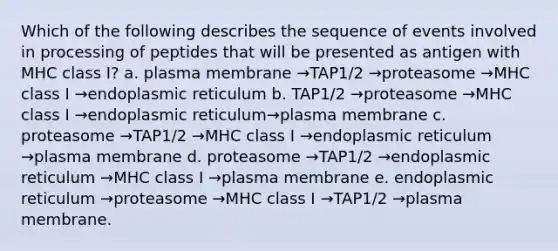 Which of the following describes the sequence of events involved in processing of peptides that will be presented as antigen with MHC class I? a. plasma membrane →TAP1/2 →proteasome →MHC class I →endoplasmic reticulum b. TAP1/2 →proteasome →MHC class I →endoplasmic reticulum→plasma membrane c. proteasome →TAP1/2 →MHC class I →endoplasmic reticulum →plasma membrane d. proteasome →TAP1/2 →endoplasmic reticulum →MHC class I →plasma membrane e. endoplasmic reticulum →proteasome →MHC class I →TAP1/2 →plasma membrane.