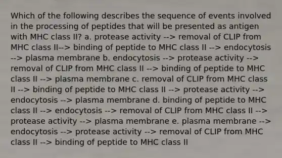 Which of the following describes the sequence of events involved in the processing of peptides that will be presented as antigen with MHC class II? a. protease activity --> removal of CLIP from MHC class II--> binding of peptide to MHC class II --> endocytosis --> plasma membrane b. endocytosis --> protease activity --> removal of CLIP from MHC class II --> binding of peptide to MHC class II --> plasma membrane c. removal of CLIP from MHC class II --> binding of peptide to MHC class II --> protease activity --> endocytosis --> plasma membrane d. binding of peptide to MHC class II --> endocytosis --> removal of CLIP from MHC class II --> protease activity --> plasma membrane e. plasma membrane --> endocytosis --> protease activity --> removal of CLIP from MHC class II --> binding of peptide to MHC class II