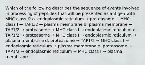 Which of the following describes the sequence of events involved in processing of peptides that will be presented as antigen with MHC class I? a. endoplasmic reticulum → proteasome → MHC class I → TAP1/2 → plasma membrane b. plasma membrane → TAP1/2 → proteasome → MHC class I → endoplasmic reticulum c. TAP1/2 → proteasome → MHC class I → endoplasmic reticulum → plasma membrane d. proteasome → TAP1/2 → MHC class I → endoplasmic reticulum → plasma membrane e. proteasome → TAP1/2 → endoplasmic reticulum → MHC class I → plasma membrane