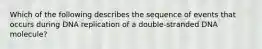 Which of the following describes the sequence of events that occurs during DNA replication of a double-stranded DNA molecule?