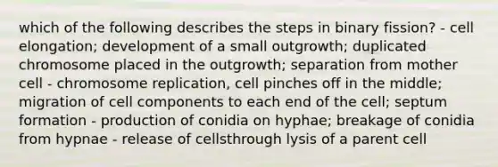 which of the following describes the steps in binary fission? - cell elongation; development of a small outgrowth; duplicated chromosome placed in the outgrowth; separation from mother cell - chromosome replication, cell pinches off in the middle; migration of cell components to each end of the cell; septum formation - production of conidia on hyphae; breakage of conidia from hypnae - release of cellsthrough lysis of a parent cell