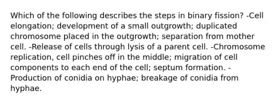 Which of the following describes the steps in binary fission? -Cell elongation; development of a small outgrowth; duplicated chromosome placed in the outgrowth; separation from mother cell. -Release of cells through lysis of a parent cell. -Chromosome replication, cell pinches off in the middle; migration of cell components to each end of the cell; septum formation. -Production of conidia on hyphae; breakage of conidia from hyphae.