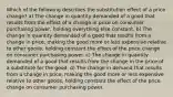 Which of the following describes the substitution effect of a price change? a) The change in quantity demanded of a good that results from the effect of a change in price on consumer purchasing​ power, holding everything else constant. b) The change in quantity demanded of a good that results from a change in​ price, making the good more or less expensive relative to other​ goods, holding constant the effect of the price change on consumer purchasing power. c) The change in quantity demanded of a good that results from the change in the price of a substitute for the good. d) The change in demand that results from a change in​ price, making the good more or less expensive relative to other​ goods, holding constant the effect of the price change on consumer purchasing power.