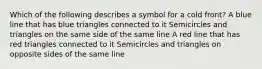 Which of the following describes a symbol for a cold front? A blue line that has blue triangles connected to it Semicircles and triangles on the same side of the same line A red line that has red triangles connected to it Semicircles and triangles on opposite sides of the same line