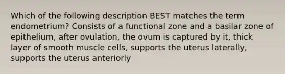 Which of the following description BEST matches the term endometrium? Consists of a functional zone and a basilar zone of epithelium, after ovulation, the ovum is captured by it, thick layer of smooth muscle cells, supports the uterus laterally, supports the uterus anteriorly