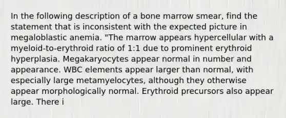 In the following description of a bone marrow smear, find the statement that is inconsistent with the expected picture in megaloblastic anemia. "The marrow appears hypercellular with a myeloid-to-erythroid ratio of 1:1 due to prominent erythroid hyperplasia. Megakaryocytes appear normal in number and appearance. WBC elements appear larger than normal, with especially large metamyelocytes, although they otherwise appear morphologically normal. Erythroid precursors also appear large. There i