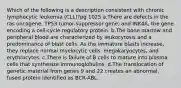 Which of the following is a description consistent with chronic lymphocytic leukemia (CLL)?pg 1025 a.There are defects in the ras oncogene, TP53 tumor-suppressor gene, and INK4A, the gene encoding a cell-cycle regulatory protein. b.The bone marrow and peripheral blood are characterized by leukocytosis and a predominance of blast cells. As the immature blasts increase, they replace normal myelocytic cells, megakaryocytes, and erythrocytes. c.There is failure of B cells to mature into plasma cells that synthesize immunoglobulins. d.The translocation of genetic material from genes 9 and 22 creates an abnormal, fused protein identified as BCR-ABL.