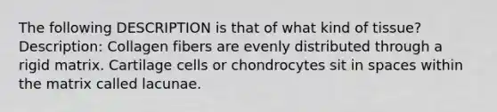 The following DESCRIPTION is that of what kind of tissue? Description: Collagen fibers are evenly distributed through a rigid matrix. Cartilage cells or chondrocytes sit in spaces within the matrix called lacunae.