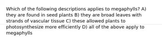 Which of the following descriptions applies to megaphylls? A) they are found in seed plants B) they are broad leaves with strands of vascular tissue C) these allowed plants to photosynthesize more efficiently D) all of the above apply to megaphylls