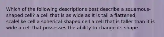 Which of the following descriptions best describe a squamous-shaped cell? a cell that is as wide as it is tall a flattened, scalelike cell a spherical-shaped cell a cell that is taller than it is wide a cell that possesses the ability to change its shape