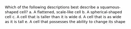 Which of the following descriptions best describe a squamous-shaped cell? a. A flattened, scale-like cell b. A spherical-shaped cell c. A cell that is taller than it is wide d. A cell that is as wide as it is tall e. A cell that possesses the ability to change its shape