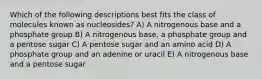 Which of the following descriptions best fits the class of molecules known as nucleosides? A) A nitrogenous base and a phosphate group B) A nitrogenous base, a phosphate group and a pentose sugar C) A pentose sugar and an amino acid D) A phosphate group and an adenine or uracil E) A nitrogenous base and a pentose sugar