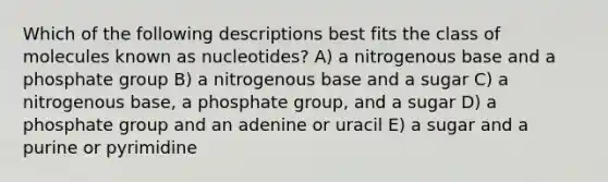 Which of the following descriptions best fits the class of molecules known as nucleotides? A) a nitrogenous base and a phosphate group B) a nitrogenous base and a sugar C) a nitrogenous base, a phosphate group, and a sugar D) a phosphate group and an adenine or uracil E) a sugar and a purine or pyrimidine