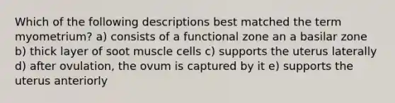 Which of the following descriptions best matched the term myometrium? a) consists of a functional zone an a basilar zone b) thick layer of soot muscle cells c) supports the uterus laterally d) after ovulation, the ovum is captured by it e) supports the uterus anteriorly