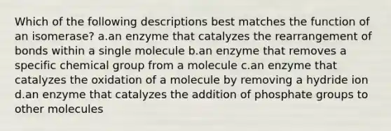 Which of the following descriptions best matches the function of an isomerase? ​a.​an enzyme that catalyzes the rearrangement of bonds within a single molecule ​b.​an enzyme that removes a specific chemical group from a molecule ​c.​an enzyme that catalyzes the oxidation of a molecule by removing a hydride ion ​d.​an enzyme that catalyzes the addition of phosphate groups to other molecules