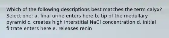 Which of the following descriptions best matches the term calyx? Select one: a. final urine enters here b. tip of the medullary pyramid c. creates high interstitial NaCl concentration d. initial filtrate enters here e. releases renin