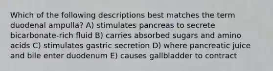 Which of the following descriptions best matches the term duodenal ampulla? A) stimulates pancreas to secrete bicarbonate-rich fluid B) carries absorbed sugars and amino acids C) stimulates gastric secretion D) where pancreatic juice and bile enter duodenum E) causes gallbladder to contract