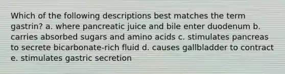 Which of the following descriptions best matches the term gastrin? a. where pancreatic juice and bile enter duodenum b. carries absorbed sugars and <a href='https://www.questionai.com/knowledge/k9gb720LCl-amino-acids' class='anchor-knowledge'>amino acids</a> c. stimulates pancreas to secrete bicarbonate-rich fluid d. causes gallbladder to contract e. stimulates gastric secretion