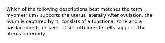 Which of the following descriptions best matches the term myometrium? supports the uterus laterally After ovulation, the ovum is captured by it. consists of a functional zone and a basilar zone thick layer of smooth muscle cells supports the uterus anteriorly