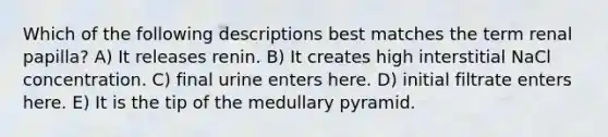 Which of the following descriptions best matches the term renal papilla? A) It releases renin. B) It creates high interstitial NaCl concentration. C) final urine enters here. D) initial filtrate enters here. E) It is the tip of the medullary pyramid.