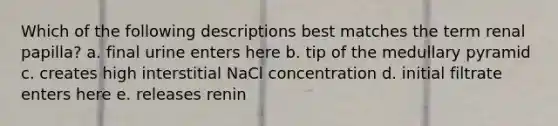 Which of the following descriptions best matches the term renal papilla? a. final urine enters here b. tip of the medullary pyramid c. creates high interstitial NaCl concentration d. initial filtrate enters here e. releases renin