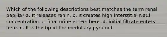 Which of the following descriptions best matches the term renal papilla? a. It releases renin. b. It creates high interstitial NaCl concentration. c. final urine enters here. d. initial filtrate enters here. e. It is the tip of the medullary pyramid.