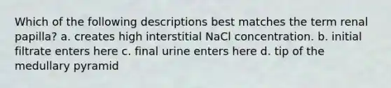 Which of the following descriptions best matches the term renal papilla? a. creates high interstitial NaCl concentration. b. initial filtrate enters here c. final urine enters here d. tip of the medullary pyramid