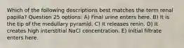 Which of the following descriptions best matches the term renal papilla? Question 25 options: A) Final urine enters here. B) It is the tip of the medullary pyramid. C) It releases renin. D) It creates high interstitial NaCl concentration. E) Initial filtrate enters here.