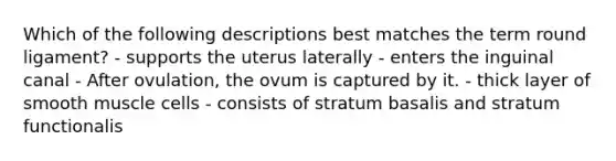 Which of the following descriptions best matches the term round ligament? - supports the uterus laterally - enters the inguinal canal - After ovulation, the ovum is captured by it. - thick layer of smooth muscle cells - consists of stratum basalis and stratum functionalis