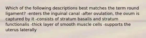 Which of the following descriptions best matches the term round ligament? -enters the inguinal canal -after ovulation, the ovum is captured by it -consists of stratum basalis and stratum functionalis -thick layer of smooth muscle cells -supports the uterus laterally