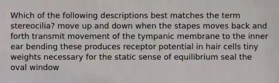 Which of the following descriptions best matches the term stereocilia? move up and down when the stapes moves back and forth transmit movement of the tympanic membrane to the inner ear bending these produces receptor potential in hair cells tiny weights necessary for the static sense of equilibrium seal the oval window