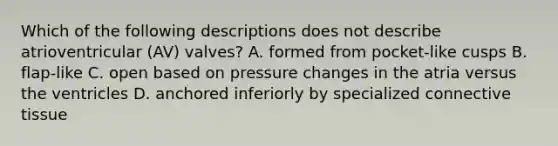 Which of the following descriptions does not describe atrioventricular (AV) valves? A. formed from pocket-like cusps B. flap-like C. open based on pressure changes in the atria versus the ventricles D. anchored inferiorly by specialized connective tissue