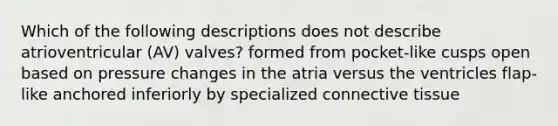 Which of the following descriptions does not describe atrioventricular (AV) valves? formed from pocket-like cusps open based on pressure changes in the atria versus the ventricles flap-like anchored inferiorly by specialized <a href='https://www.questionai.com/knowledge/kYDr0DHyc8-connective-tissue' class='anchor-knowledge'>connective tissue</a>