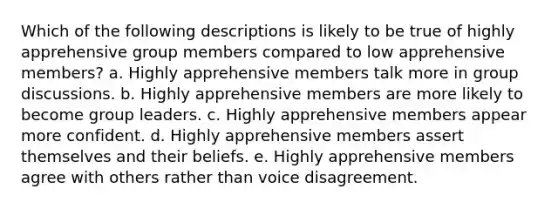 Which of the following descriptions is likely to be true of highly apprehensive group members compared to low apprehensive members? a. Highly apprehensive members talk more in group discussions. b. Highly apprehensive members are more likely to become group leaders. c. Highly apprehensive members appear more confident. d. Highly apprehensive members assert themselves and their beliefs. e. Highly apprehensive members agree with others rather than voice disagreement.