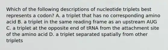 Which of the following descriptions of nucleotide triplets best represents a codon? A. a triplet that has no corresponding amino acid B. a triplet in the same reading frame as an upstream AUG C. a triplet at the opposite end of tRNA from the attachment site of the amino acid D. a triplet separated spatially from other triplets