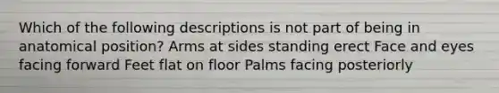 Which of the following descriptions is not part of being in anatomical position? Arms at sides standing erect Face and eyes facing forward Feet flat on floor Palms facing posteriorly