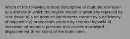 Which of the following is most descriptive of multiple sclerosis? a) a disease in which the myelin sheath is gradually replaced by scar tissue b) a neuromuscular disorder caused by a deficiency of dopamine c) brain death caused by cerebral hypoxia d) increased intracranial pressure that causes downward displacement (herniation) of the brain stem