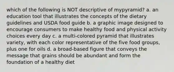 which of the following is NOT descriptive of mypyramid? a. an education tool that illustrates the concepts of the dietary guidelines and USDA food guide b. a graphic image designed to encourage consumers to make healthy food and physical activity choices every day c. a multi-colored pyramid that illustrates variety, with each color representative of the five food groups, plus one for oils d. a broad-based figure that conveys the message that grains should be abundant and form the foundation of a healthy diet