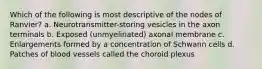 Which of the following is most descriptive of the nodes of Ranvier? a. Neurotransmitter-storing vesicles in the axon terminals b. Exposed (unmyelinated) axonal membrane c. Enlargements formed by a concentration of Schwann cells d. Patches of blood vessels called the choroid plexus