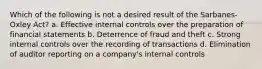 Which of the following is not a desired result of the Sarbanes-Oxley Act? a. Effective internal controls over the preparation of financial statements b. Deterrence of fraud and theft c. Strong internal controls over the recording of transactions d. Elimination of auditor reporting on a company's internal controls