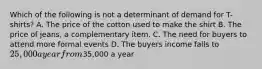 Which of the following is not a determinant of demand for T-shirts? A. The price of the cotton used to make the shirt B. The price of jeans, a complementary item. C. The need for buyers to attend more formal events D. The buyers income falls to 25,000 a year from35,000 a year