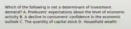 Which of the following is not a determinant of investment demand? A. Producers' expectations about the level of economic activity B. A decline in consumers' confidence in the economic outlook C. The quantity of capital stock D. Household wealth